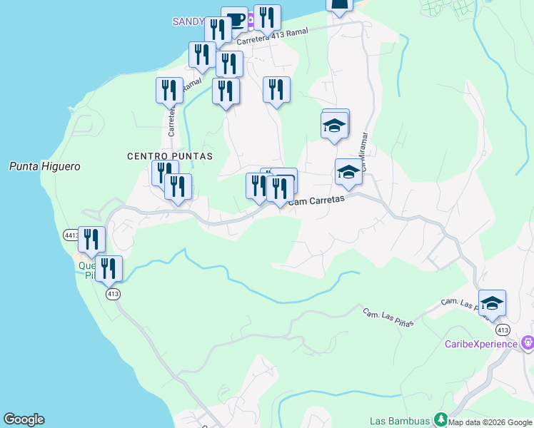 map of restaurants, bars, coffee shops, grocery stores, and more near Camino Carretas in Aguada