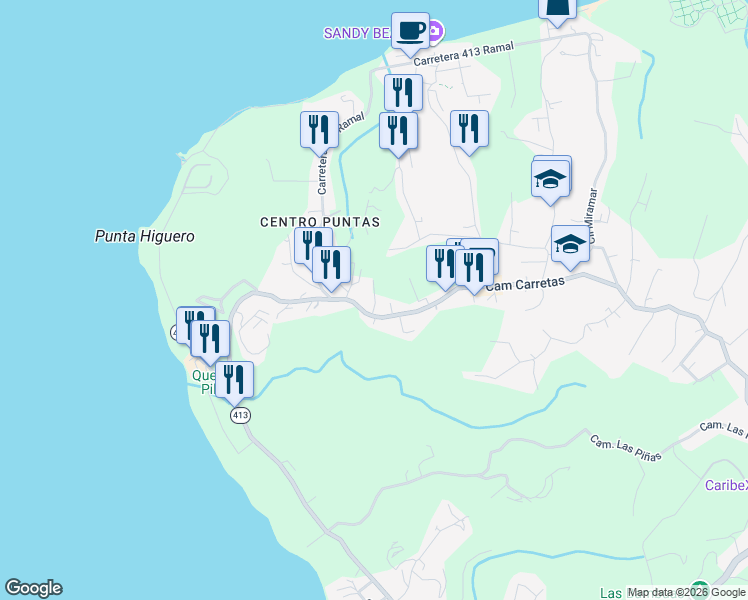 map of restaurants, bars, coffee shops, grocery stores, and more near in Puntas