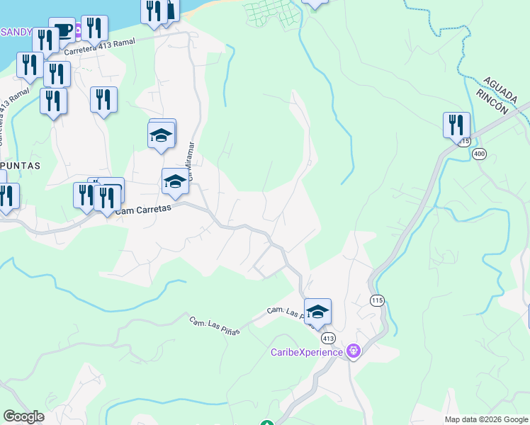 map of restaurants, bars, coffee shops, grocery stores, and more near Camino Carretas in Aguada