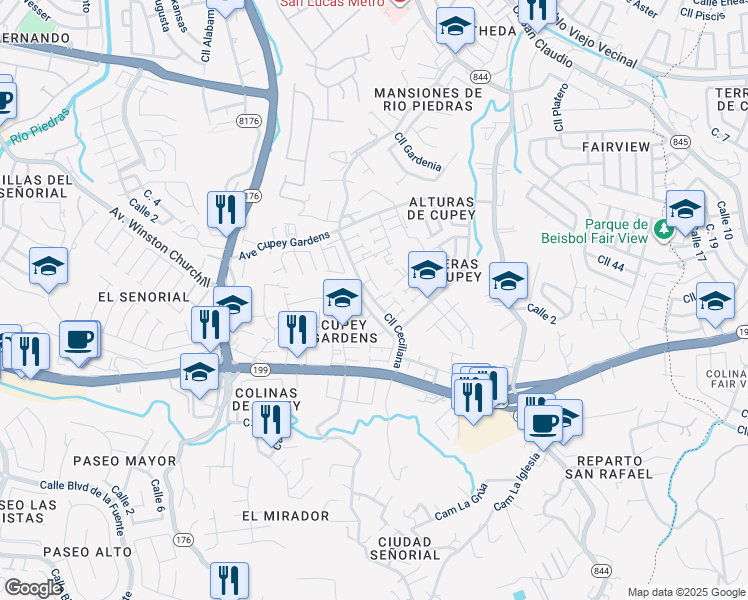 map of restaurants, bars, coffee shops, grocery stores, and more near Calle Ceciliana in San Juan
