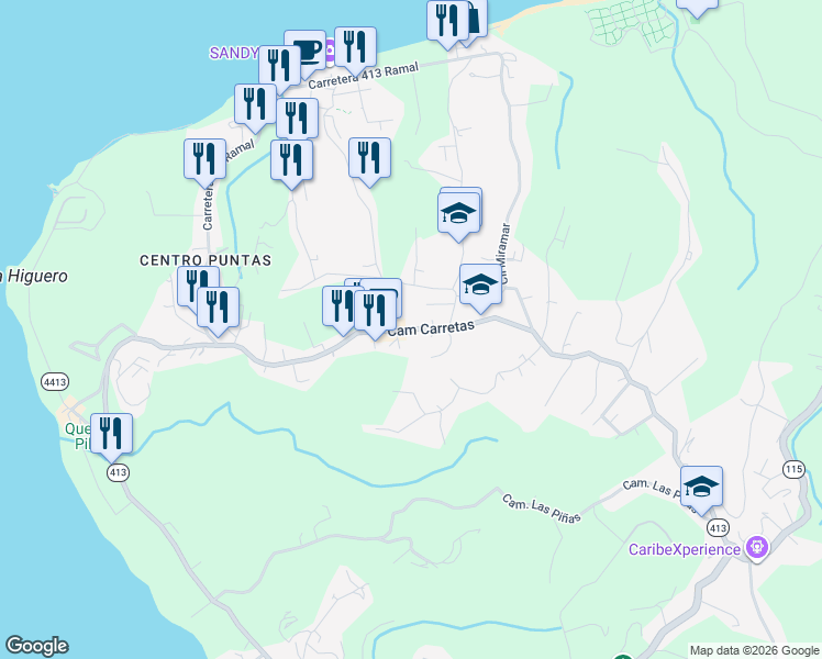 map of restaurants, bars, coffee shops, grocery stores, and more near Camino Carretas in Aguada