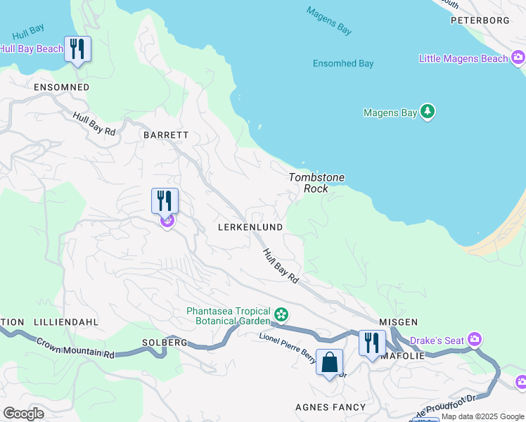 map of restaurants, bars, coffee shops, grocery stores, and more near Hull Bay Road in Northside