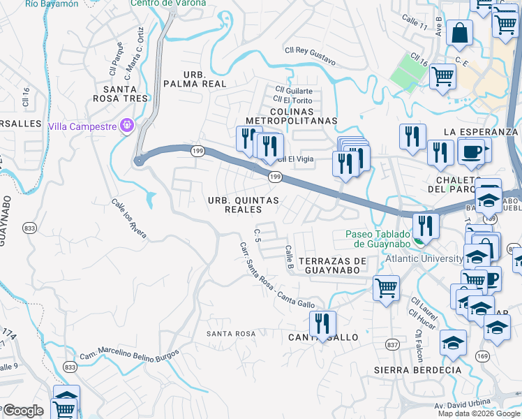 map of restaurants, bars, coffee shops, grocery stores, and more near plaza chalets 9 in Guaynabo