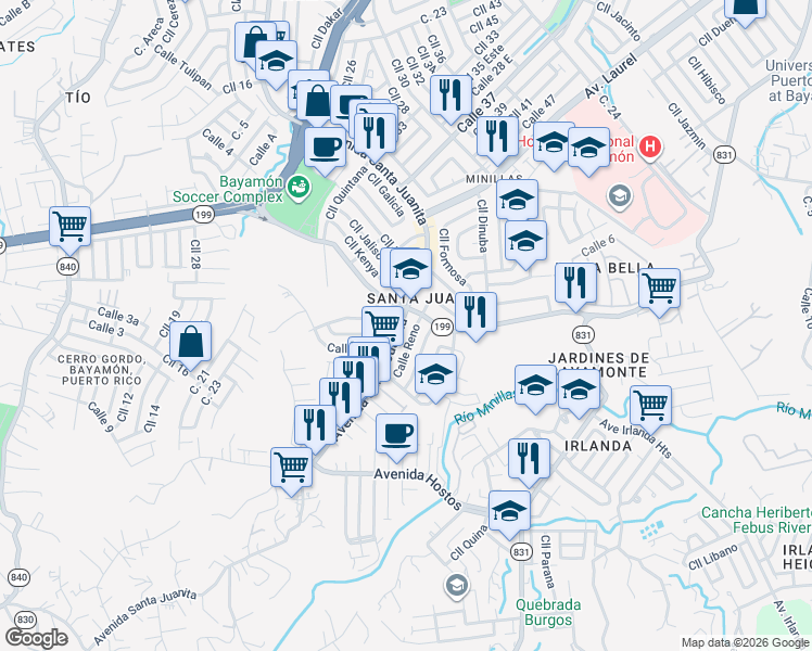 map of restaurants, bars, coffee shops, grocery stores, and more near in Bayamón