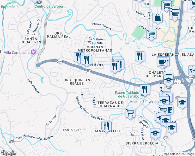 map of restaurants, bars, coffee shops, grocery stores, and more near Calle Reina Sofia in Guaynabo