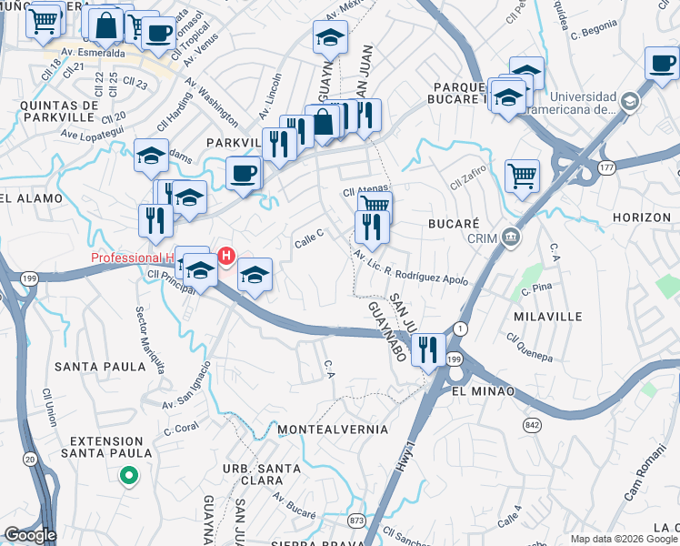 map of restaurants, bars, coffee shops, grocery stores, and more near Calle B in Guaynabo