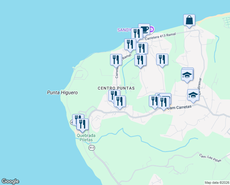 map of restaurants, bars, coffee shops, grocery stores, and more near in Rincón