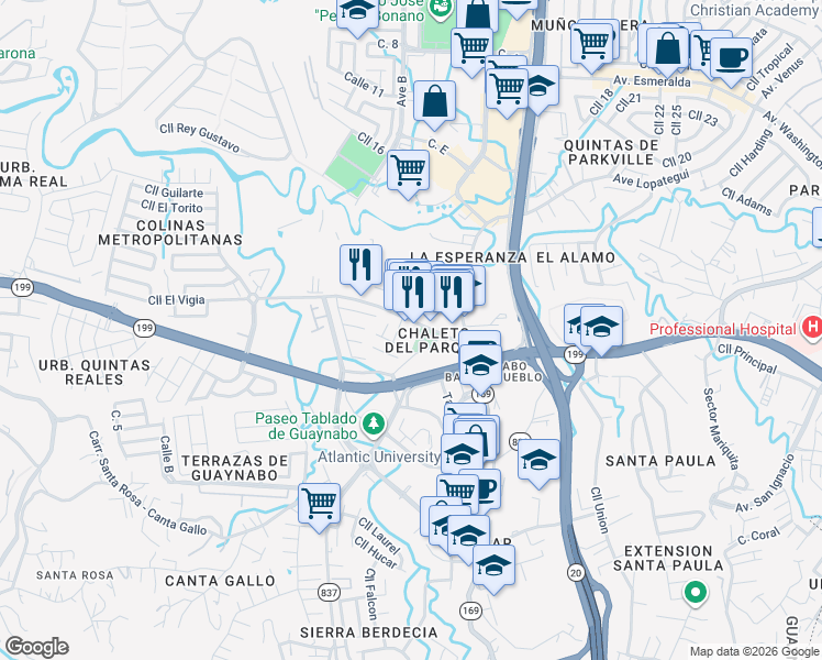 map of restaurants, bars, coffee shops, grocery stores, and more near Avenida Albolote in Guaynabo
