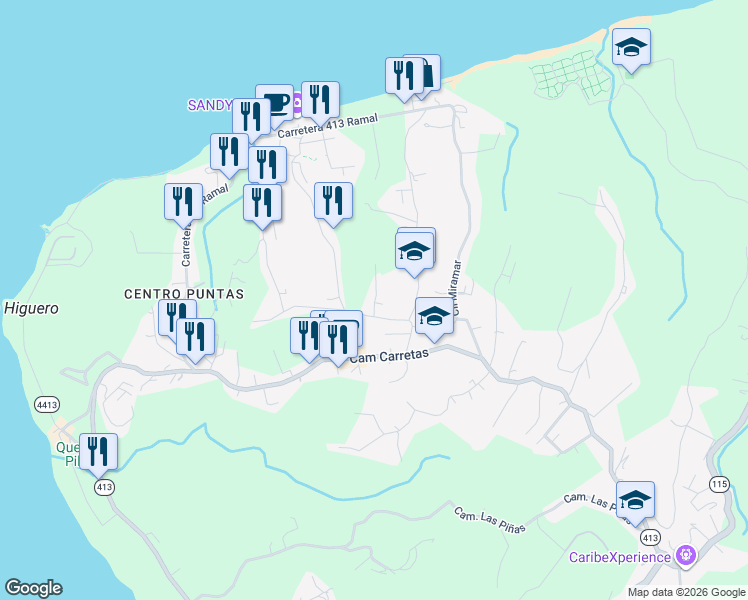 map of restaurants, bars, coffee shops, grocery stores, and more near Calle Vista Del Mar in Puntas