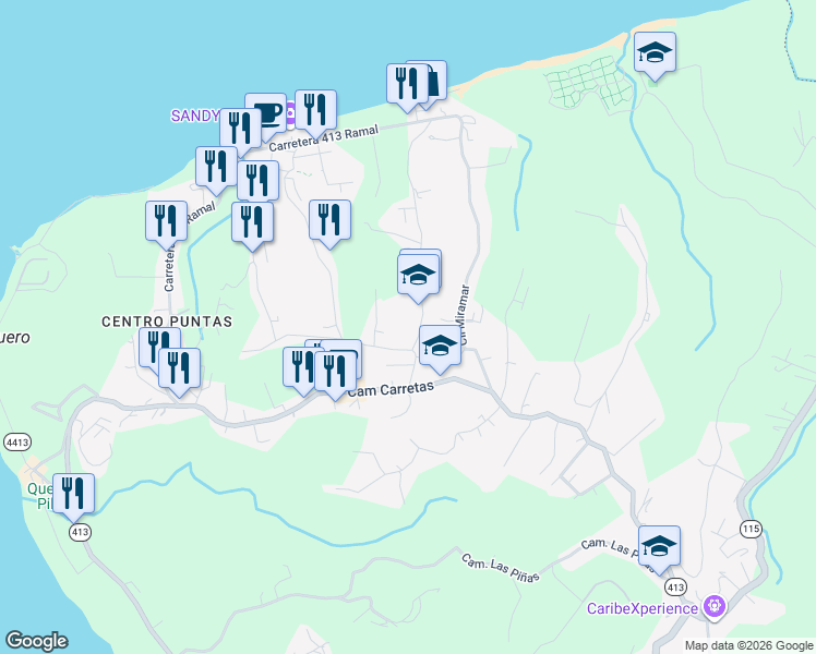 map of restaurants, bars, coffee shops, grocery stores, and more near Calle Miramar in Aguada