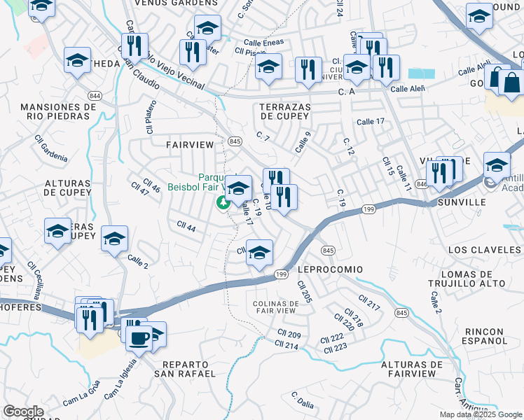 map of restaurants, bars, coffee shops, grocery stores, and more near F2 Fair View in Guaynabo
