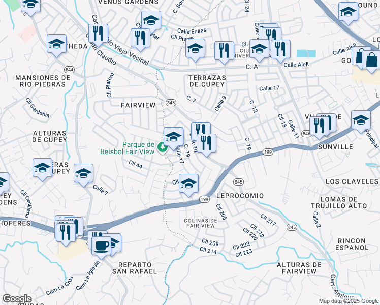 map of restaurants, bars, coffee shops, grocery stores, and more near F2 Fair View in Guaynabo
