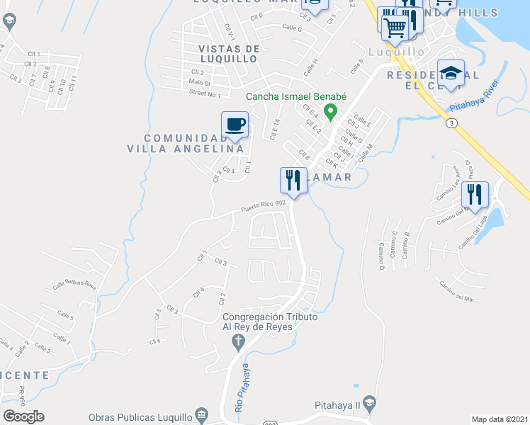 map of restaurants, bars, coffee shops, grocery stores, and more near Calle Rio Fajardo in Mata de Plátano