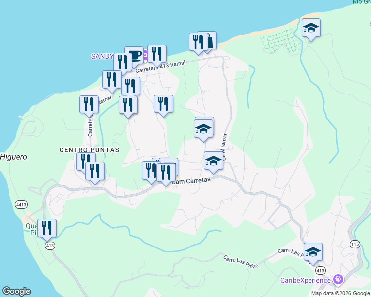 map of restaurants, bars, coffee shops, grocery stores, and more near Calle Vista Del Mar in Puntas