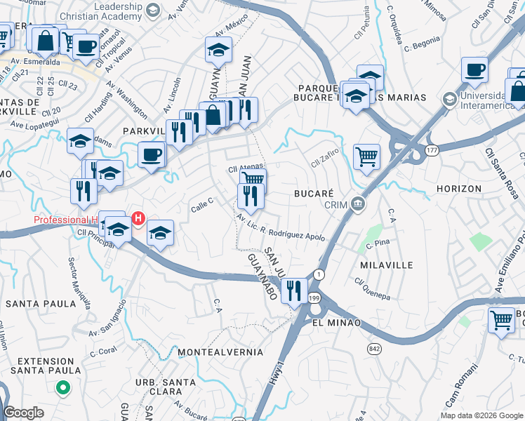 map of restaurants, bars, coffee shops, grocery stores, and more near 60 Calle Esparta in Guaynabo