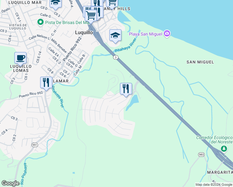 map of restaurants, bars, coffee shops, grocery stores, and more near Camino Del Monte in Luquillo