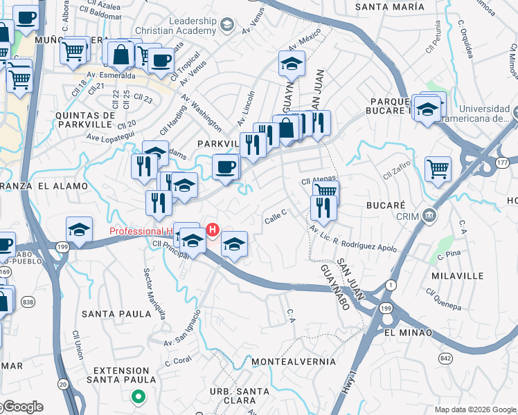 map of restaurants, bars, coffee shops, grocery stores, and more near Calle D in Guaynabo