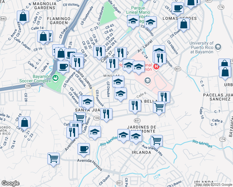 map of restaurants, bars, coffee shops, grocery stores, and more near Calle Bernardino in Bayamón