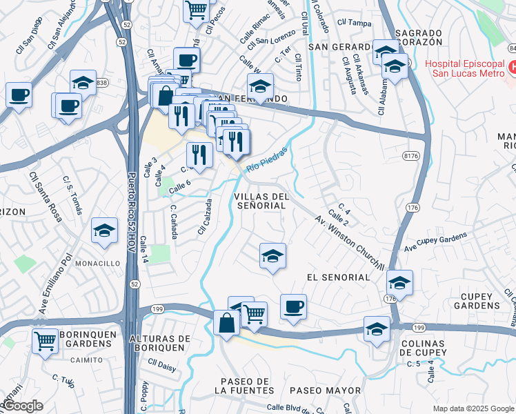 map of restaurants, bars, coffee shops, grocery stores, and more near Calle Jose Zorrilla in San Juan