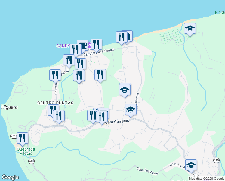 map of restaurants, bars, coffee shops, grocery stores, and more near Csn A in Aguada