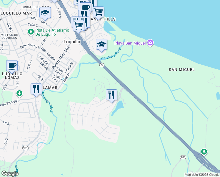map of restaurants, bars, coffee shops, grocery stores, and more near Camino Del Monte in Luquillo