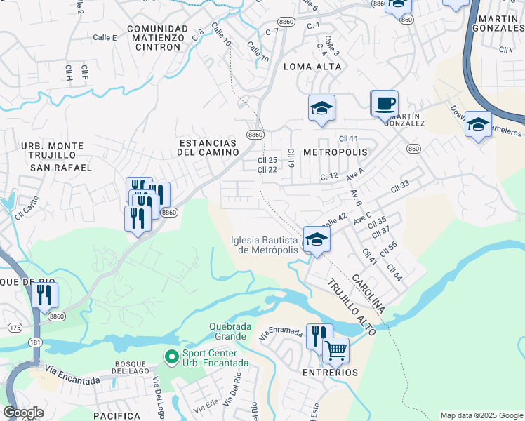 map of restaurants, bars, coffee shops, grocery stores, and more near in Trujillo Alto