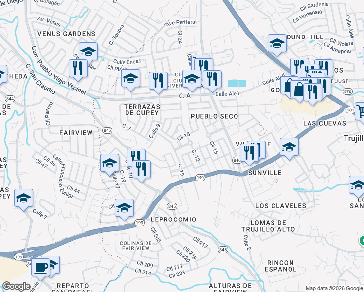 map of restaurants, bars, coffee shops, grocery stores, and more near in Trujillo Alto