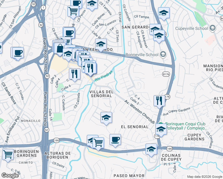 map of restaurants, bars, coffee shops, grocery stores, and more near 287-293 Ave Winston Churchill in San Juan