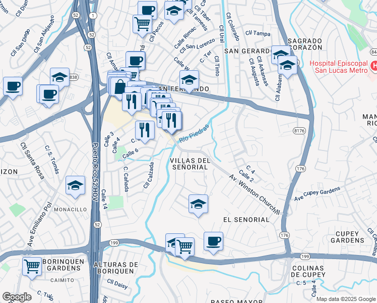 map of restaurants, bars, coffee shops, grocery stores, and more near Calle José Zorrilla in San Juan