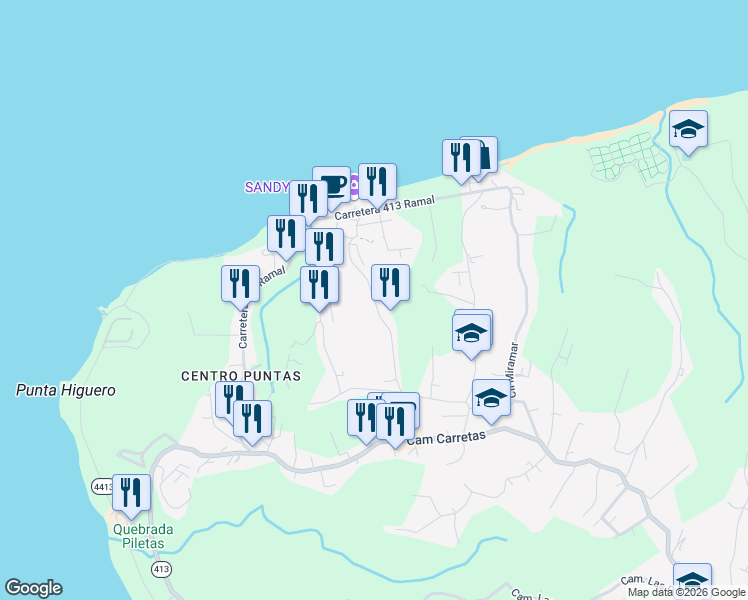 map of restaurants, bars, coffee shops, grocery stores, and more near Calle Vista del Mar in Puntas