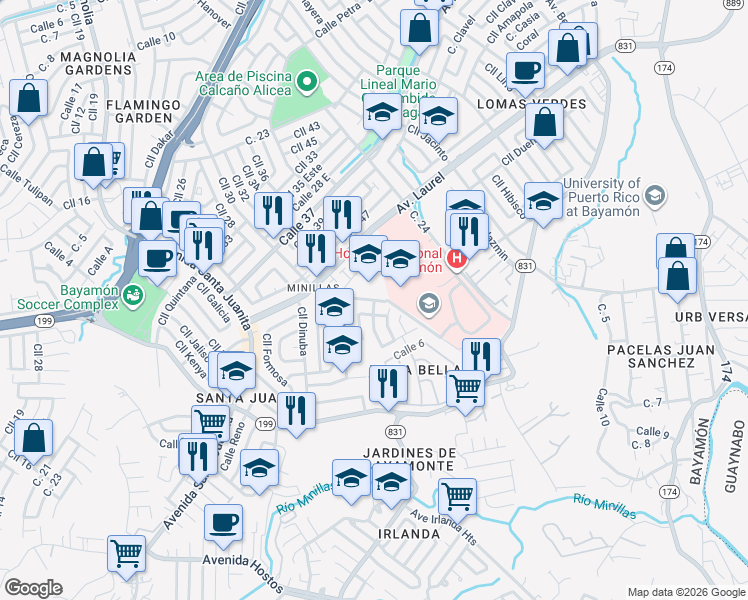 map of restaurants, bars, coffee shops, grocery stores, and more near Calle España in Bayamón