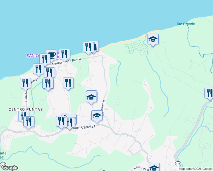 map of restaurants, bars, coffee shops, grocery stores, and more near Calle Miramar in Aguada