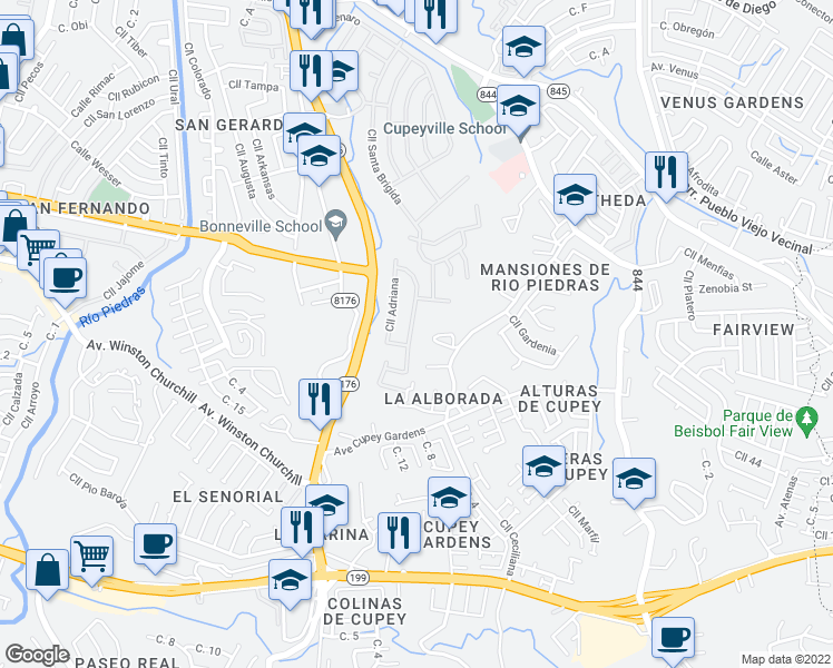 map of restaurants, bars, coffee shops, grocery stores, and more near 2-12 Calle San Vidal in San Juan
