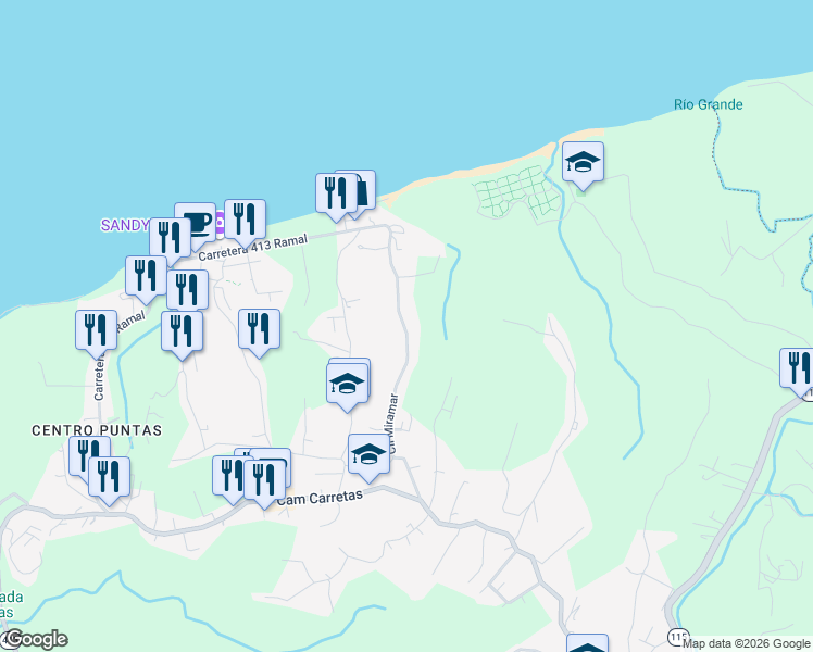 map of restaurants, bars, coffee shops, grocery stores, and more near Calle Miramar in Aguada