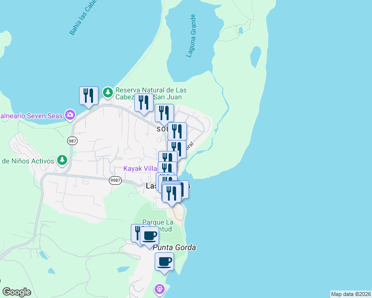 map of restaurants, bars, coffee shops, grocery stores, and more near PR-9987 in Fajardo
