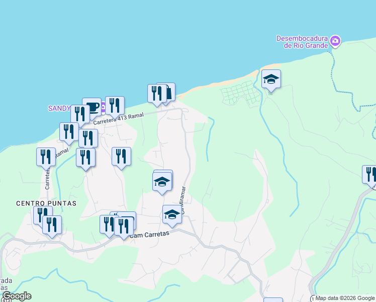 map of restaurants, bars, coffee shops, grocery stores, and more near Calle Miramar in Aguada