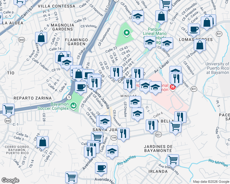 map of restaurants, bars, coffee shops, grocery stores, and more near Calle España in Bayamón