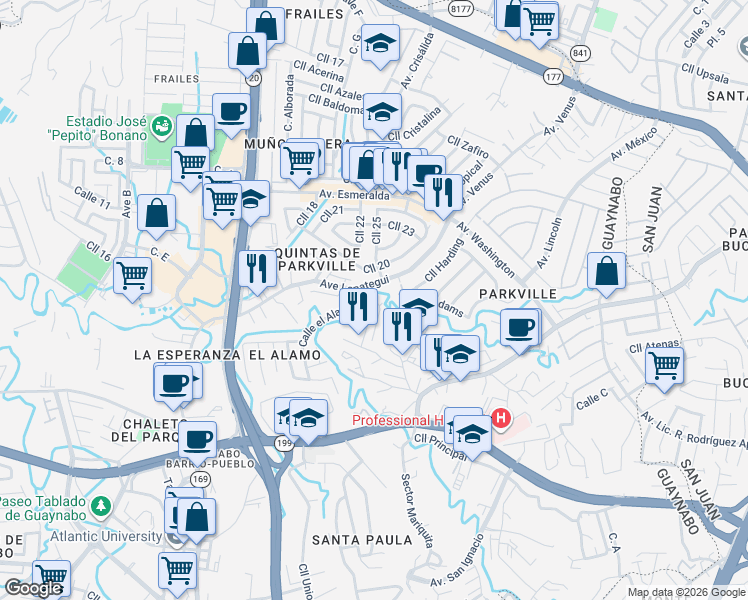 map of restaurants, bars, coffee shops, grocery stores, and more near Ingeniero Arana Street in Guaynabo