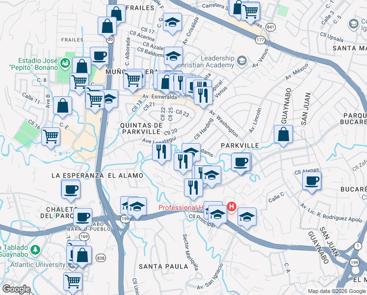 map of restaurants, bars, coffee shops, grocery stores, and more near Calle Harding in Guaynabo