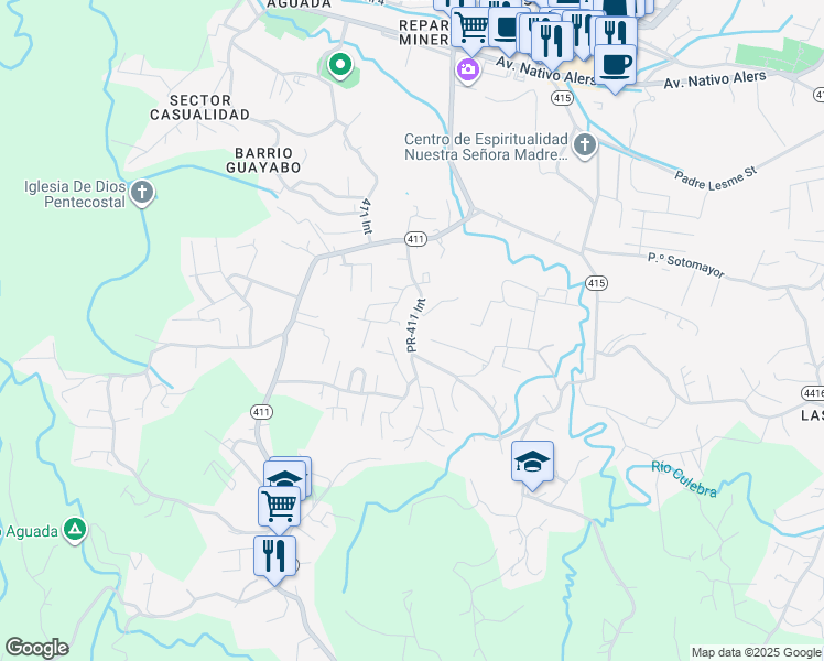 map of restaurants, bars, coffee shops, grocery stores, and more near PR-411 Int in Aguada