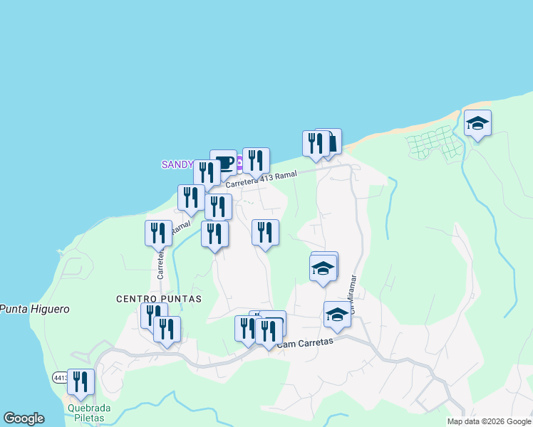 map of restaurants, bars, coffee shops, grocery stores, and more near Calle Colina Linda in Aguada