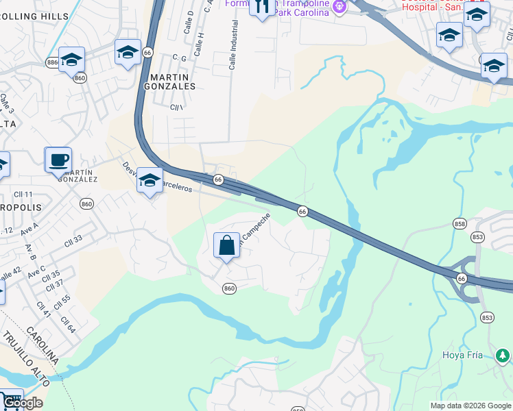 map of restaurants, bars, coffee shops, grocery stores, and more near Camino Campeche in Carolina
