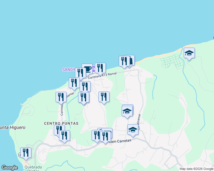map of restaurants, bars, coffee shops, grocery stores, and more near Calle Colina Linda in Aguada