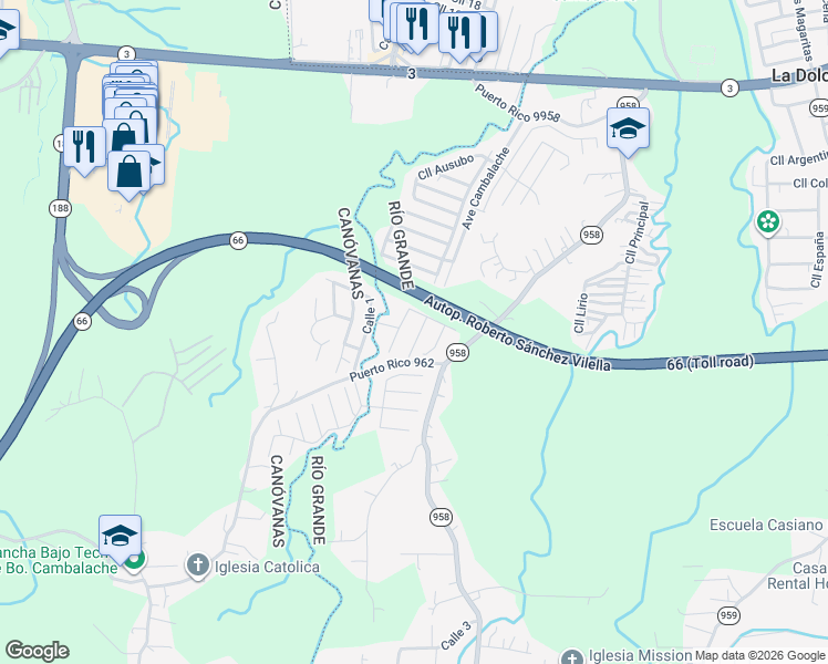 map of restaurants, bars, coffee shops, grocery stores, and more near 329 Calle Caoba in Río Grande