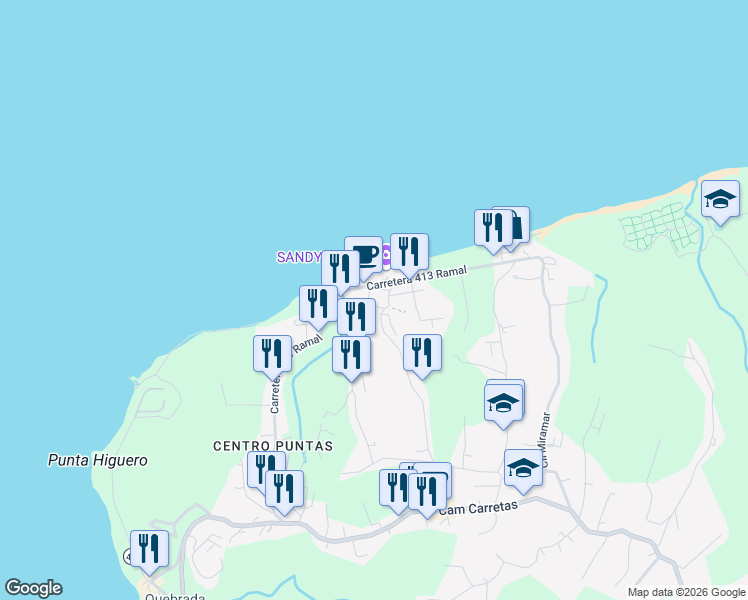 map of restaurants, bars, coffee shops, grocery stores, and more near Calle Juan Hernández in Rincon
