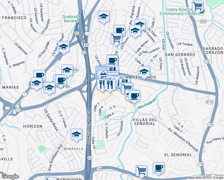 map of restaurants, bars, coffee shops, grocery stores, and more near 128 Avenue Winston Churchill in San Juan