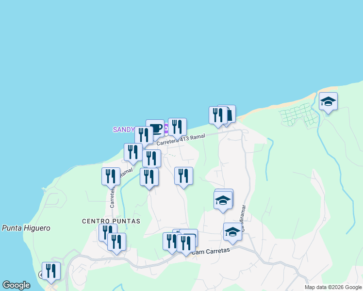 map of restaurants, bars, coffee shops, grocery stores, and more near Calle Colina Linda in Aguada