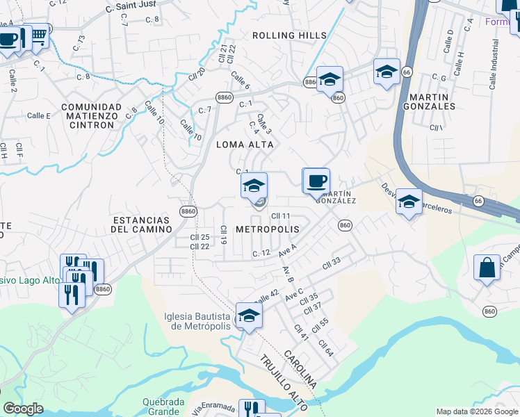map of restaurants, bars, coffee shops, grocery stores, and more near 99 Calle 5 in Carolina