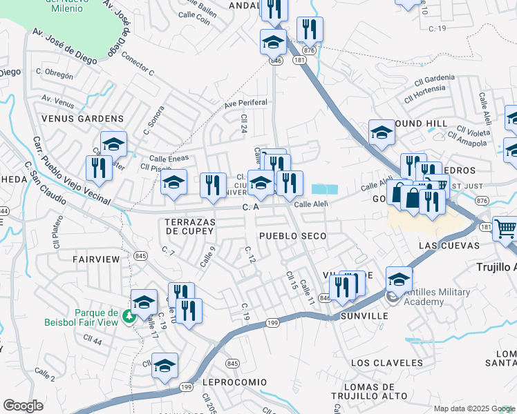 map of restaurants, bars, coffee shops, grocery stores, and more near in Trujillo Alto