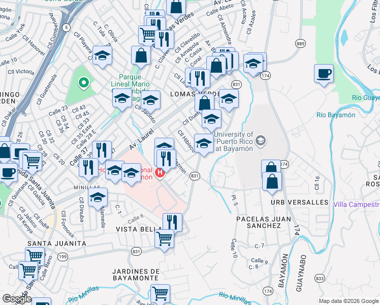 map of restaurants, bars, coffee shops, grocery stores, and more near Calle Hibisco in Bayamón